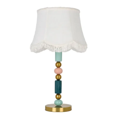 Decorative Table Lamp JH60407 with white fringe shade and colorful stacked body