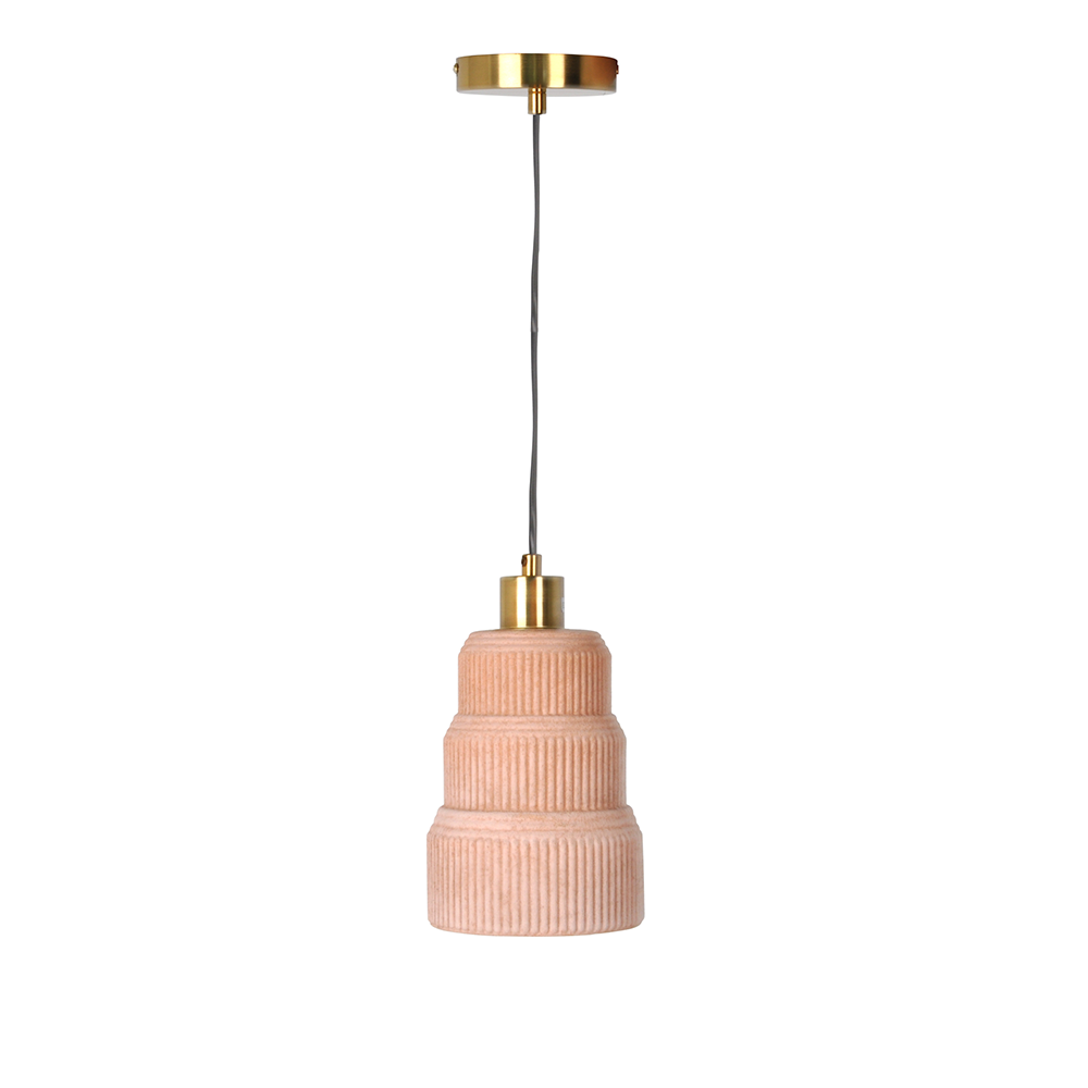 Ceramic Ceiling Pendant P0644 blush pink ribbed shade with gold hardware