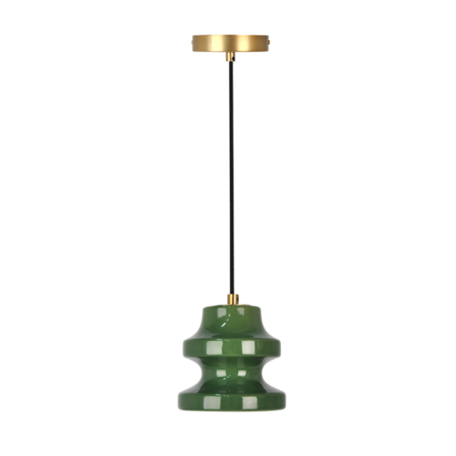 Ceramic Ceiling Pendant P0646 with glossy green shade and brass canopy