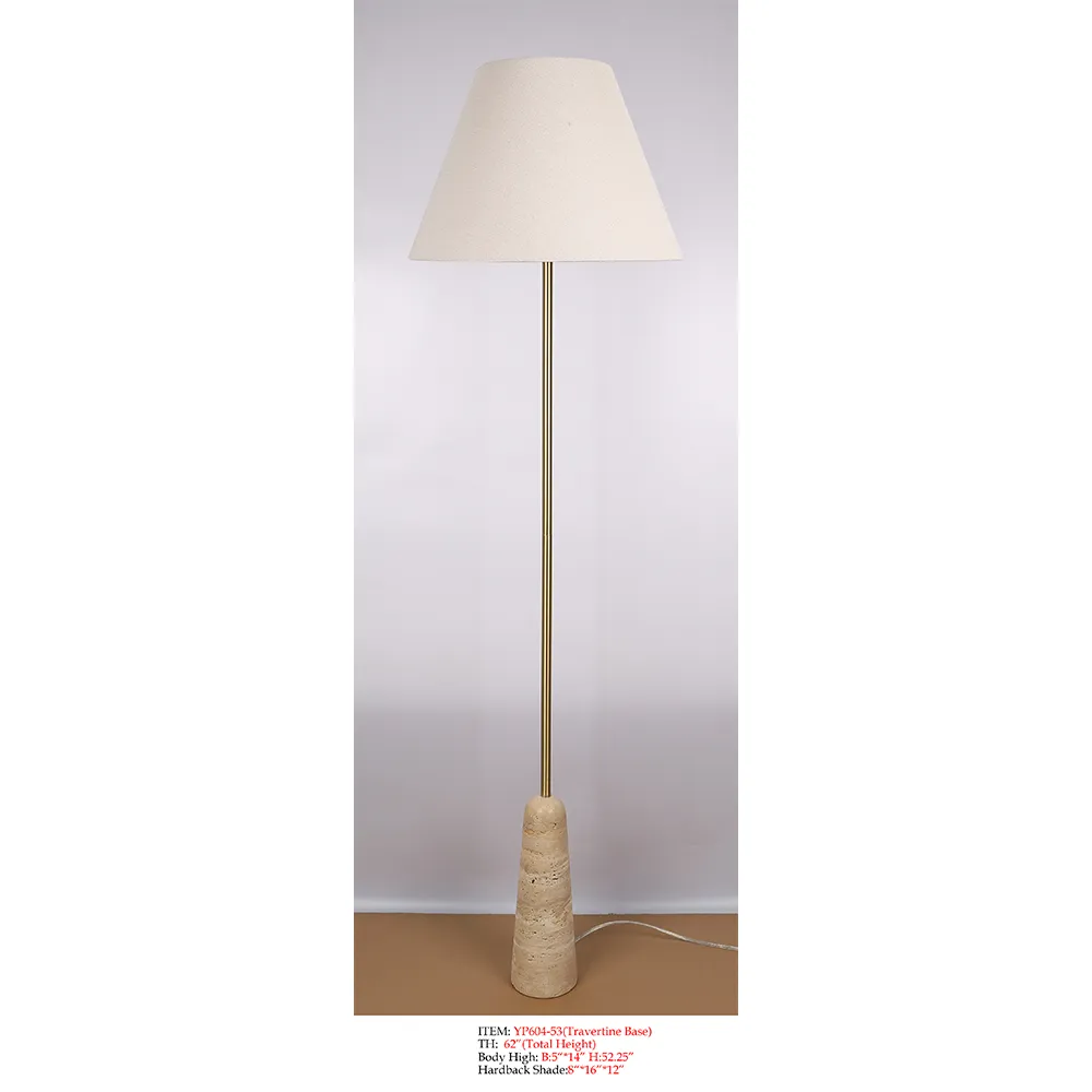 Travertine Floor Lamp YP604-53 with off-white shade and gold-tone stem