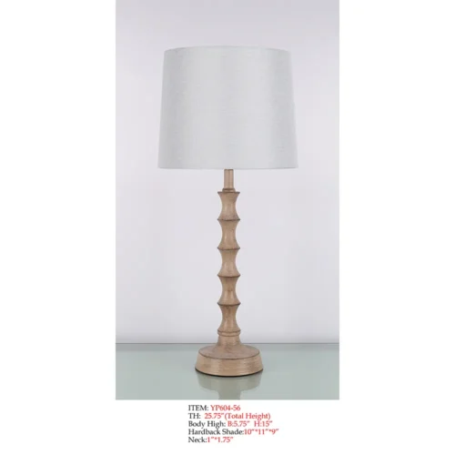 Decorative Floor Lamp YP604-56 with white hardback shade, natural beige wood-look turned body, and round base for interiors.