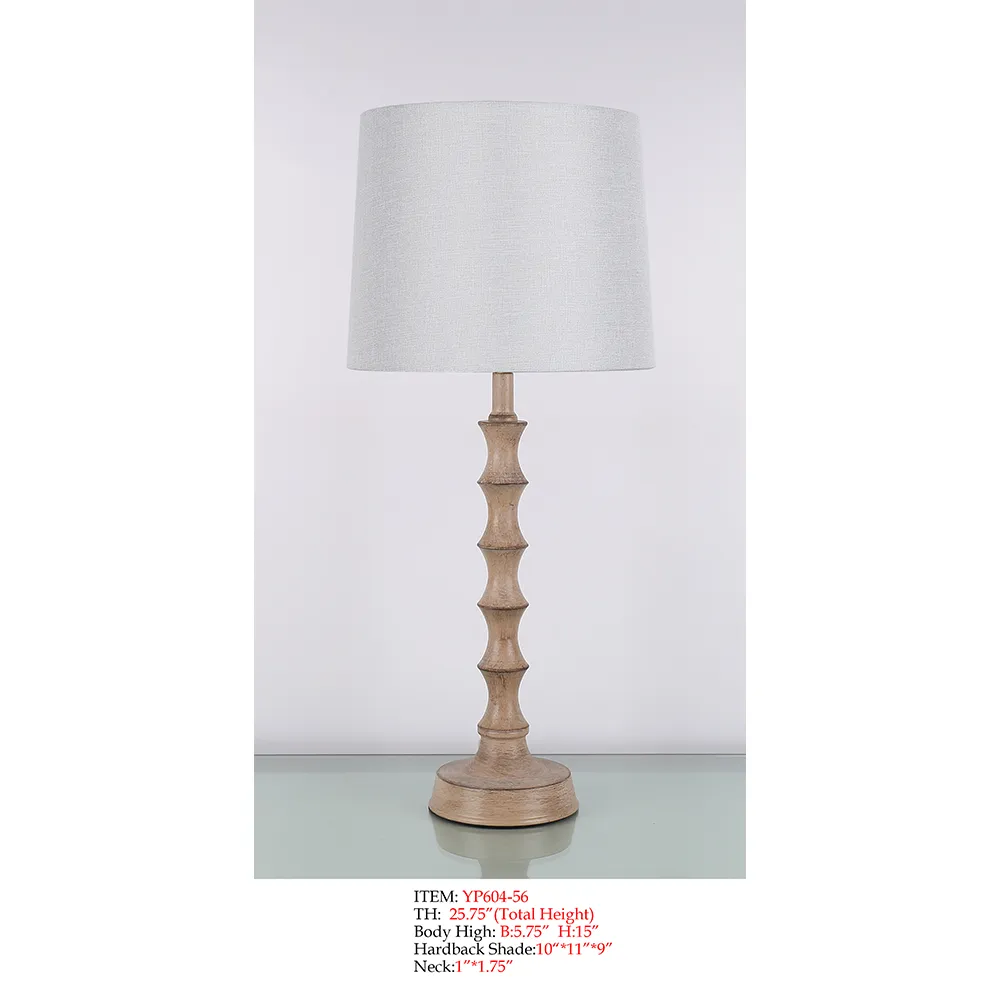 Decorative Floor Lamp YP604-56 with white hardback shade, natural beige wood-look turned body, and round base for interiors.