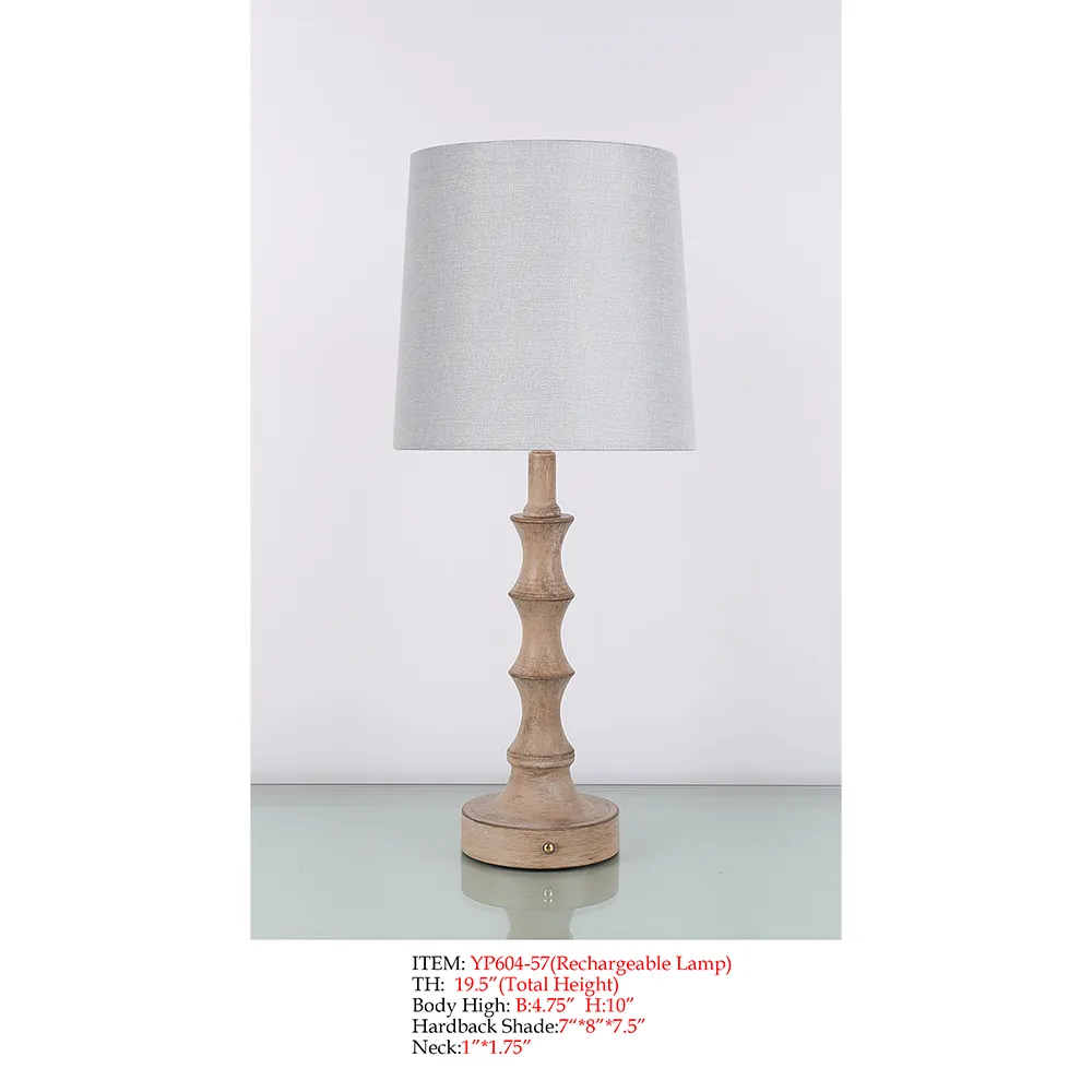 echargeable Floor Lamp YP604-57 with light wood style body and gray fabric shade
