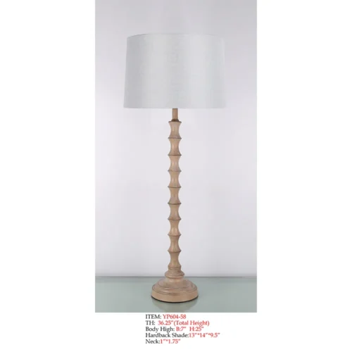 Decorative Floor Lamp YP604-58 with natural wood-tone carved body and light hardback shade