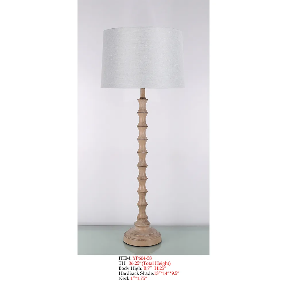 Decorative Floor Lamp YP604-58 with natural wood-tone carved body and light hardback shade