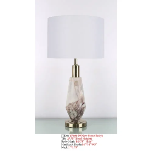 Stone Floor Lamp YP604-59 with marble-style body, gold-tone metal base, and white hardback shade