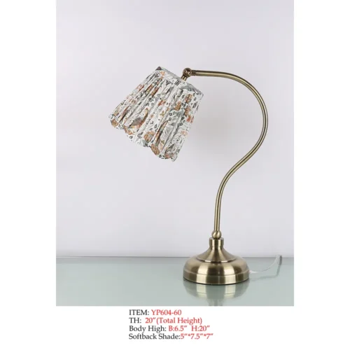 Brass Floor Lamp YP604-60 with curved metal stem, round base, and floral pleated softback shade