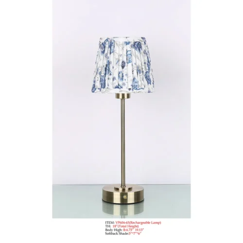 Rechargeable Table Lamp YP604-63 with brass-tone metal body and blue floral pleated softback shade