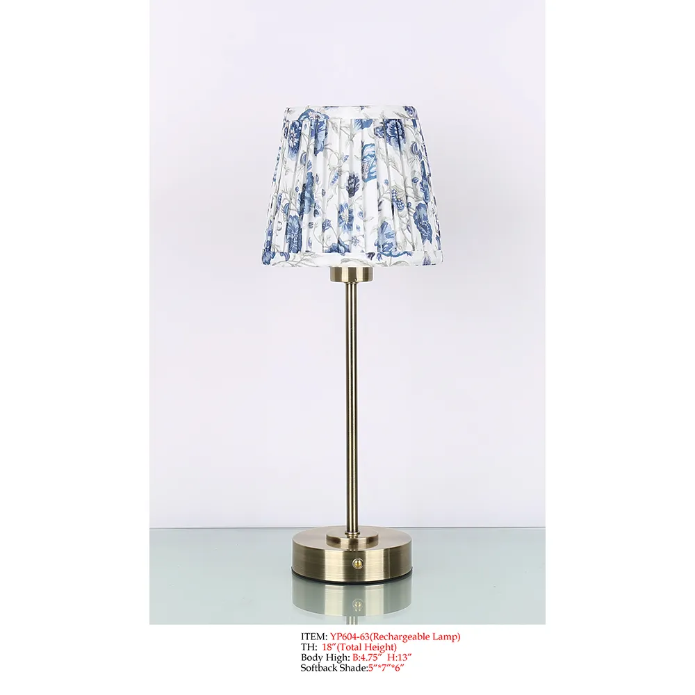Rechargeable Table Lamp YP604-63 with brass-tone metal body and blue floral pleated softback shade