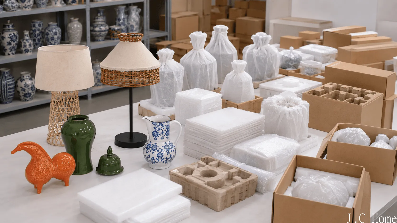 Bulk home decor packaging preparation with ceramic decor items, lamps, protective materials and export cartons
