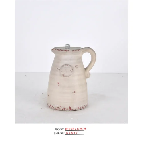 Rechargeable Ceramic Table Lamp CL01-5.75x8.25 with cream distressed ceramic jug body and cordless feature
