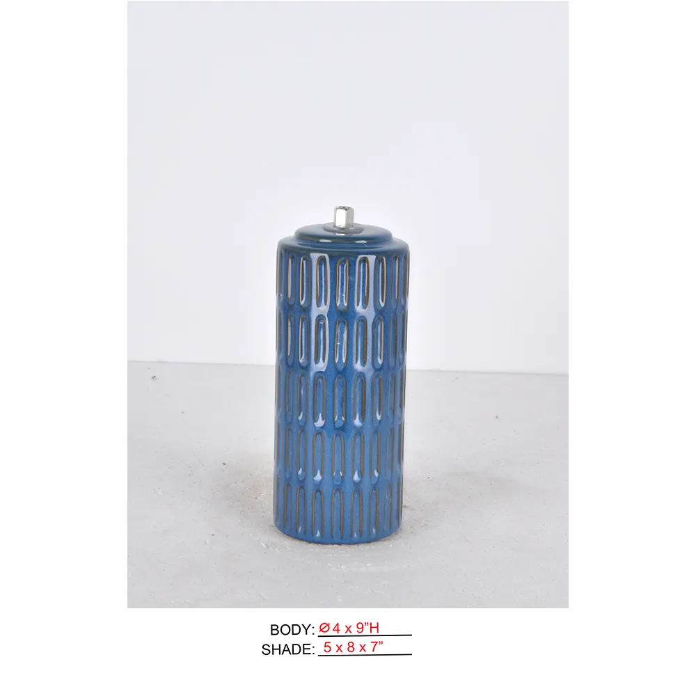 Rechargeable Restaurant Lamp CL2728-4x9 with blue patterned cylinder body for cordless table use