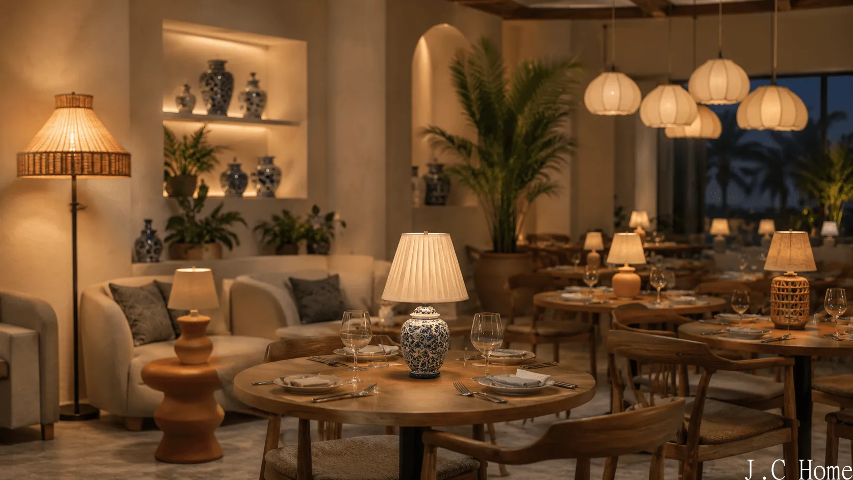 Commercial hospitality interior with rechargeable table lamps, floor lamp, and decorative pendant lighting