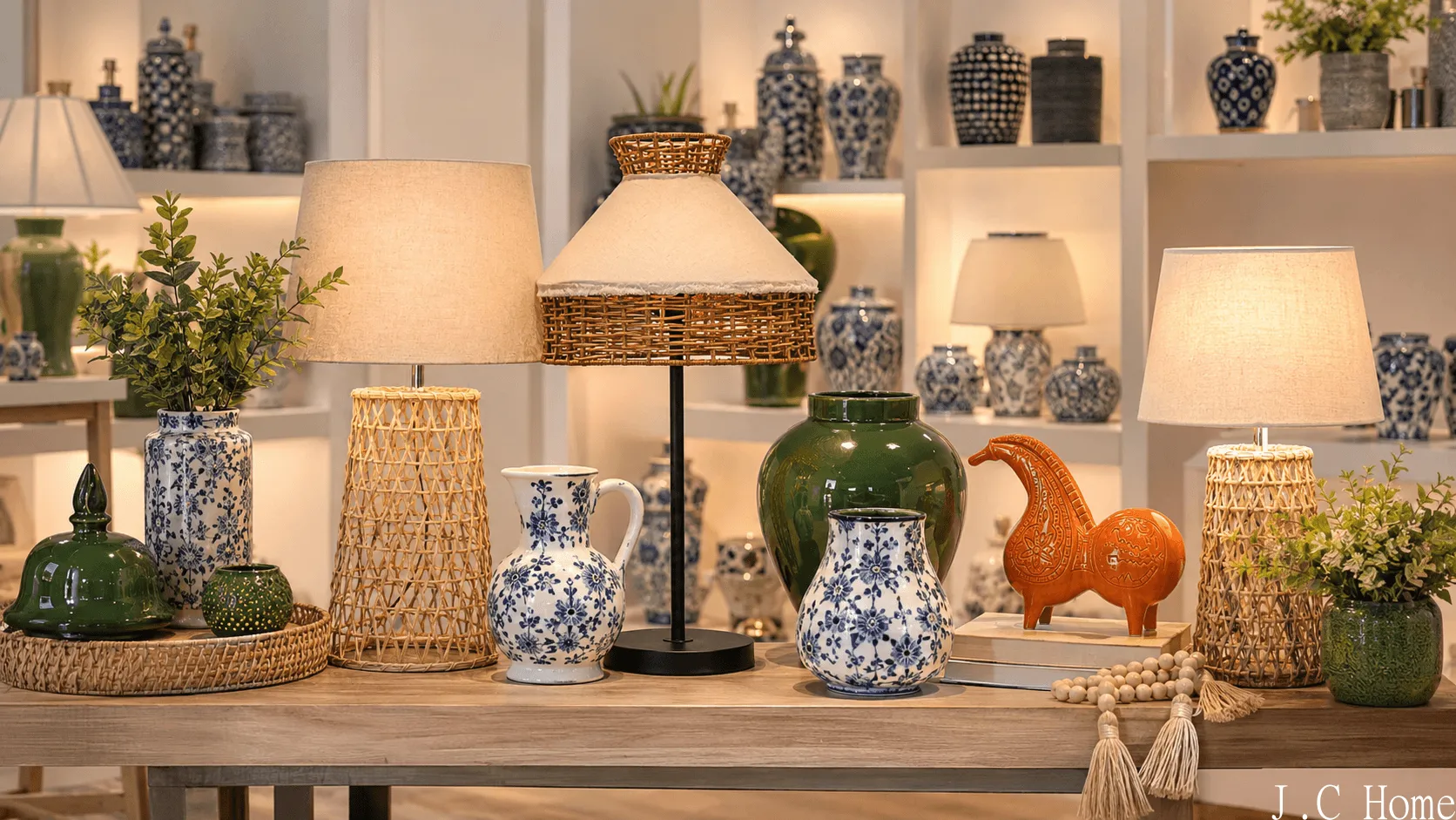 Retail home decor display with ceramic vases, decorative pots, tabletop accessories and warm table lamps