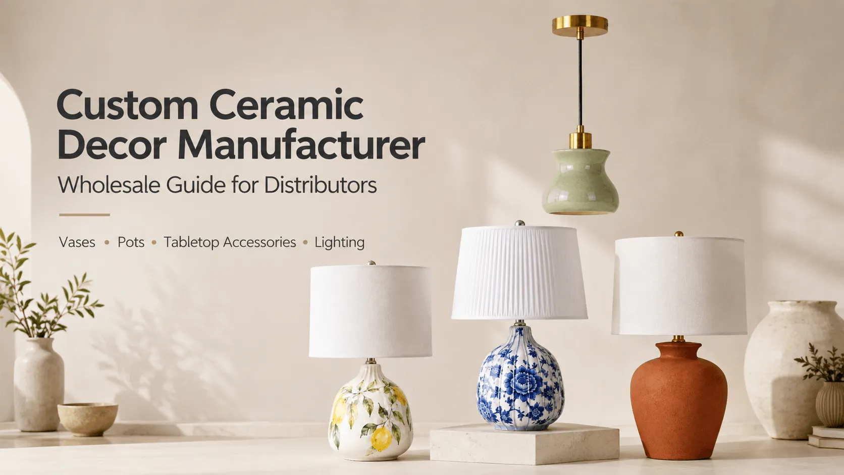 Custom ceramic decor manufacturer wholesale guide featuring ceramic table lamps, a glazed pendant, vases, and decorative pots