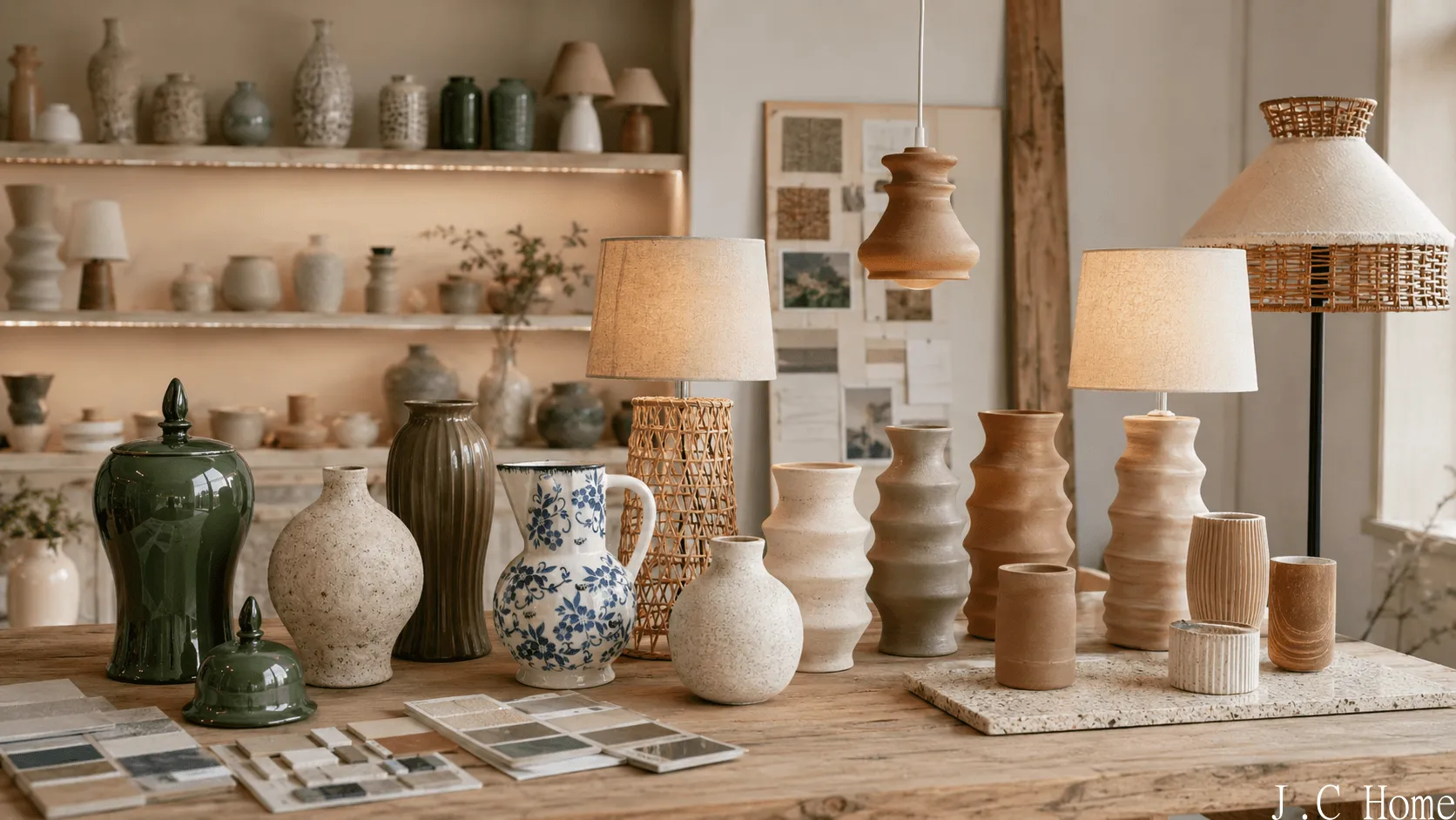 Custom home decor color and finish options with ceramic vases, pots, lamp bases, and neutral material samples