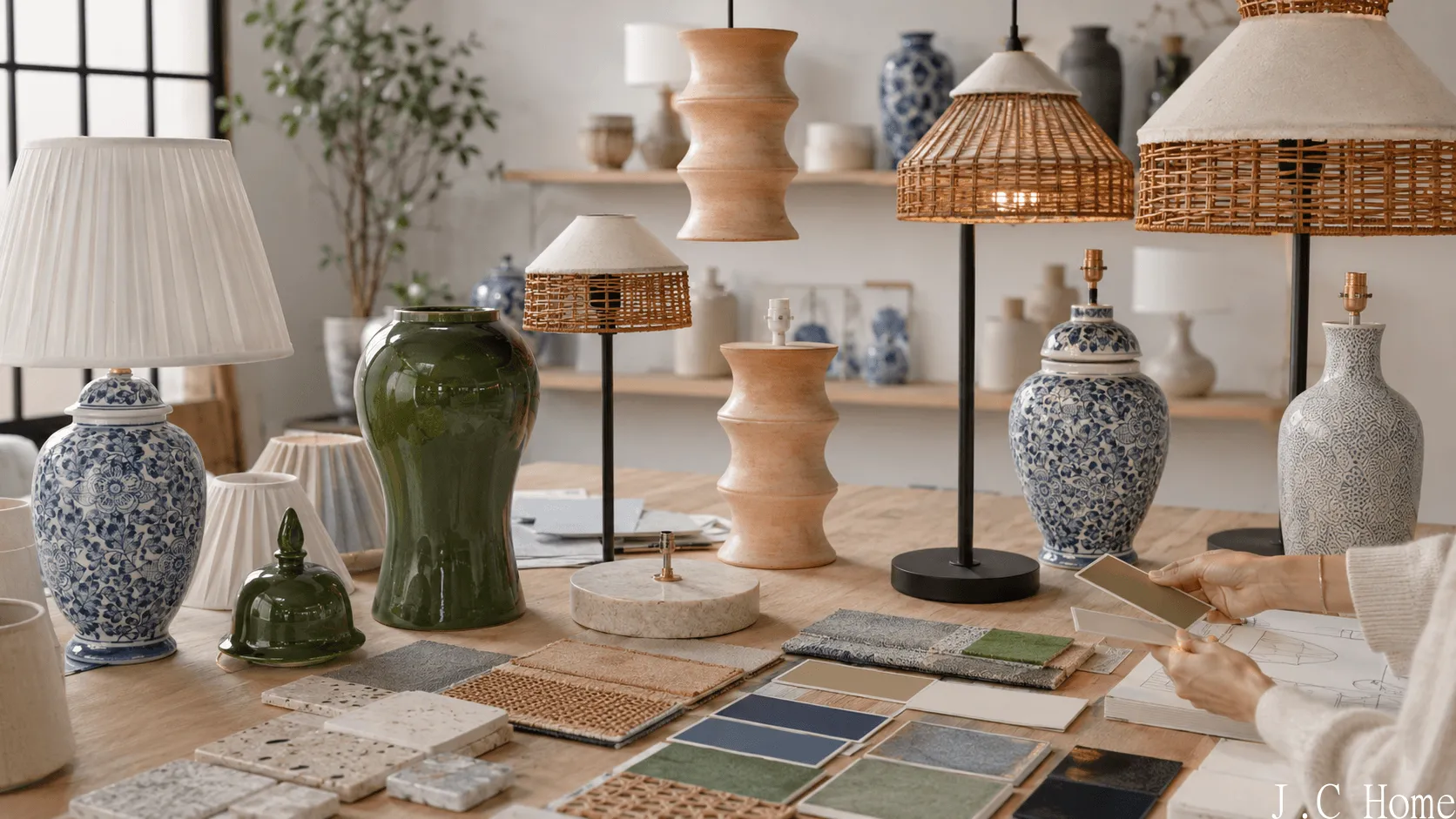 Custom home decor and lighting design table with lamp samples, ceramic vases, shades, and material swatches