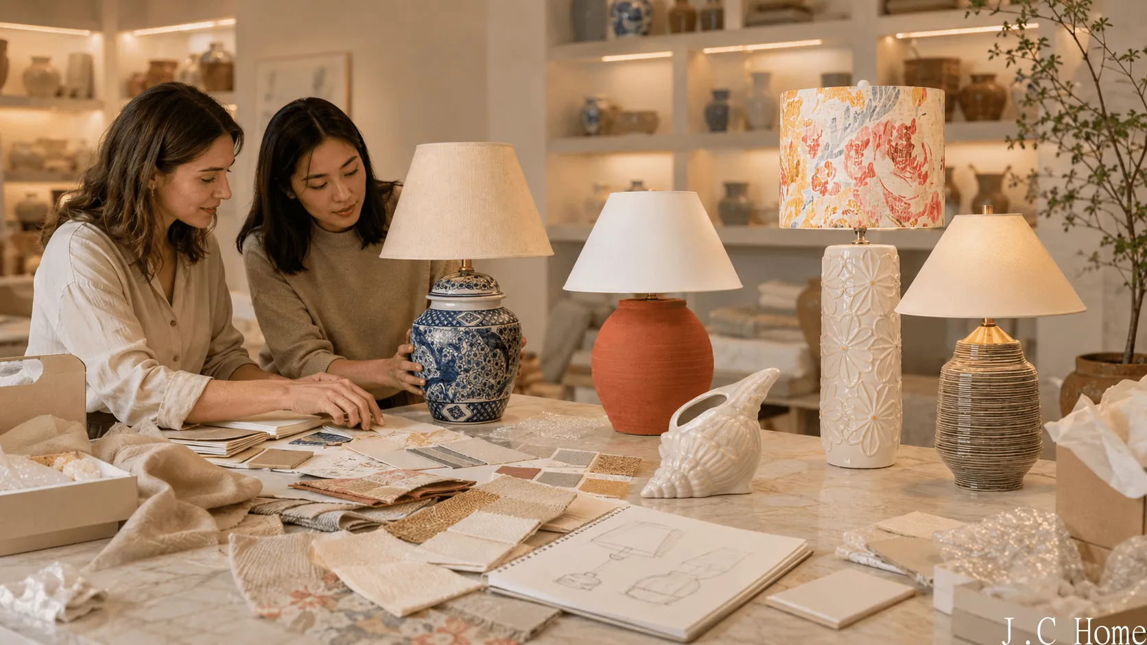 Custom lamp design review with ceramic table lamps material samples and decorative lighting supplier collaboration