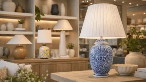 Custom table lamp manufacturer guide with decorative table lamps displayed in a warm home decor retail store
