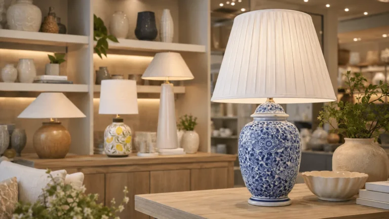 Custom table lamp manufacturer guide with decorative table lamps displayed in a warm home decor retail store
