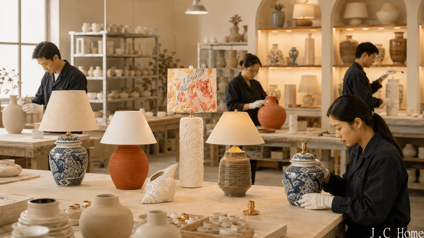 Decorative lighting manufacturer workshop with ceramic table lamps and quality control inspection