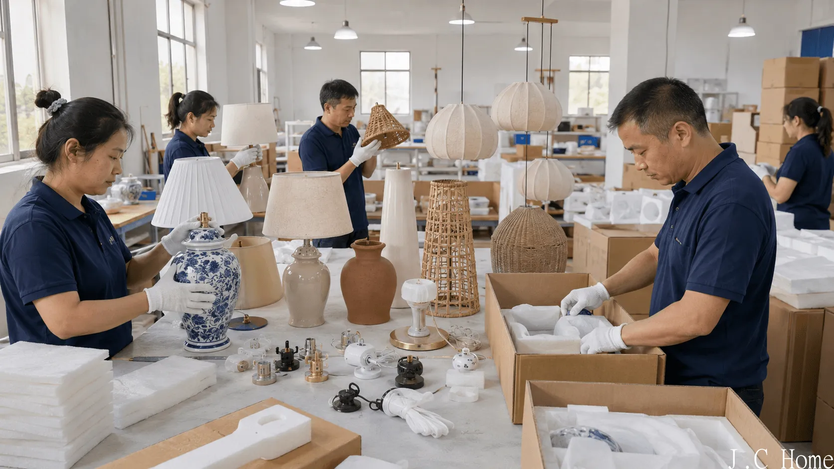 Decorative lighting quality control and packaging preparation in a clean factory workshop