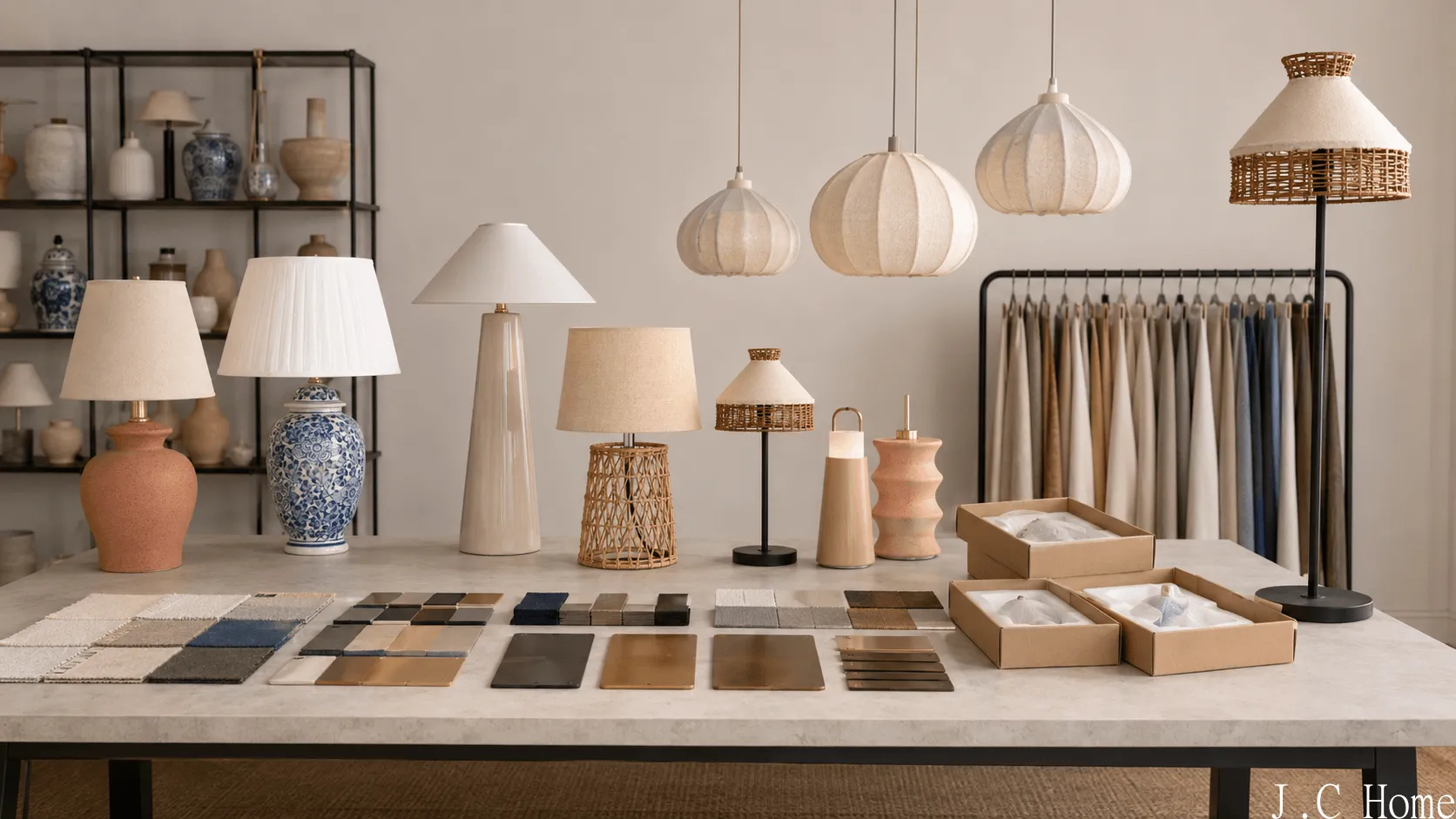 Decorative lighting selection table with lamp samples, finish swatches, shade fabrics, and packaging mockups