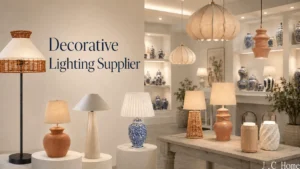 Decorative lighting supplier showroom with table lamps, floor lamp, pendants, and rechargeable lamps