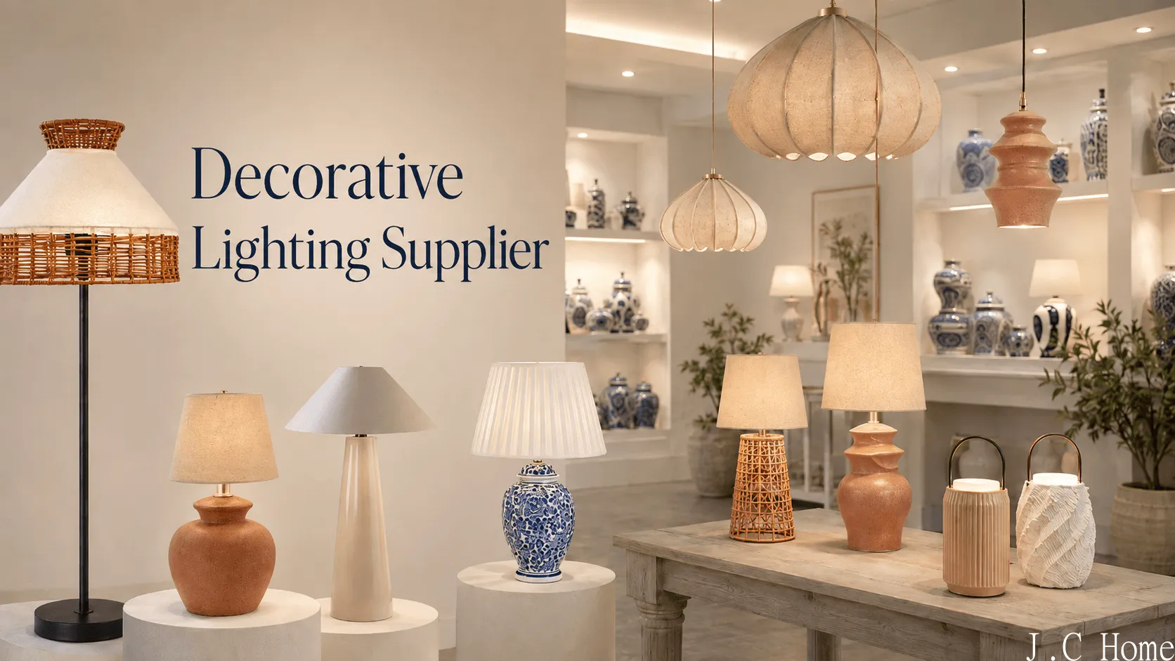 Decorative lighting supplier showroom with table lamps, floor lamp, pendants, and rechargeable lamps