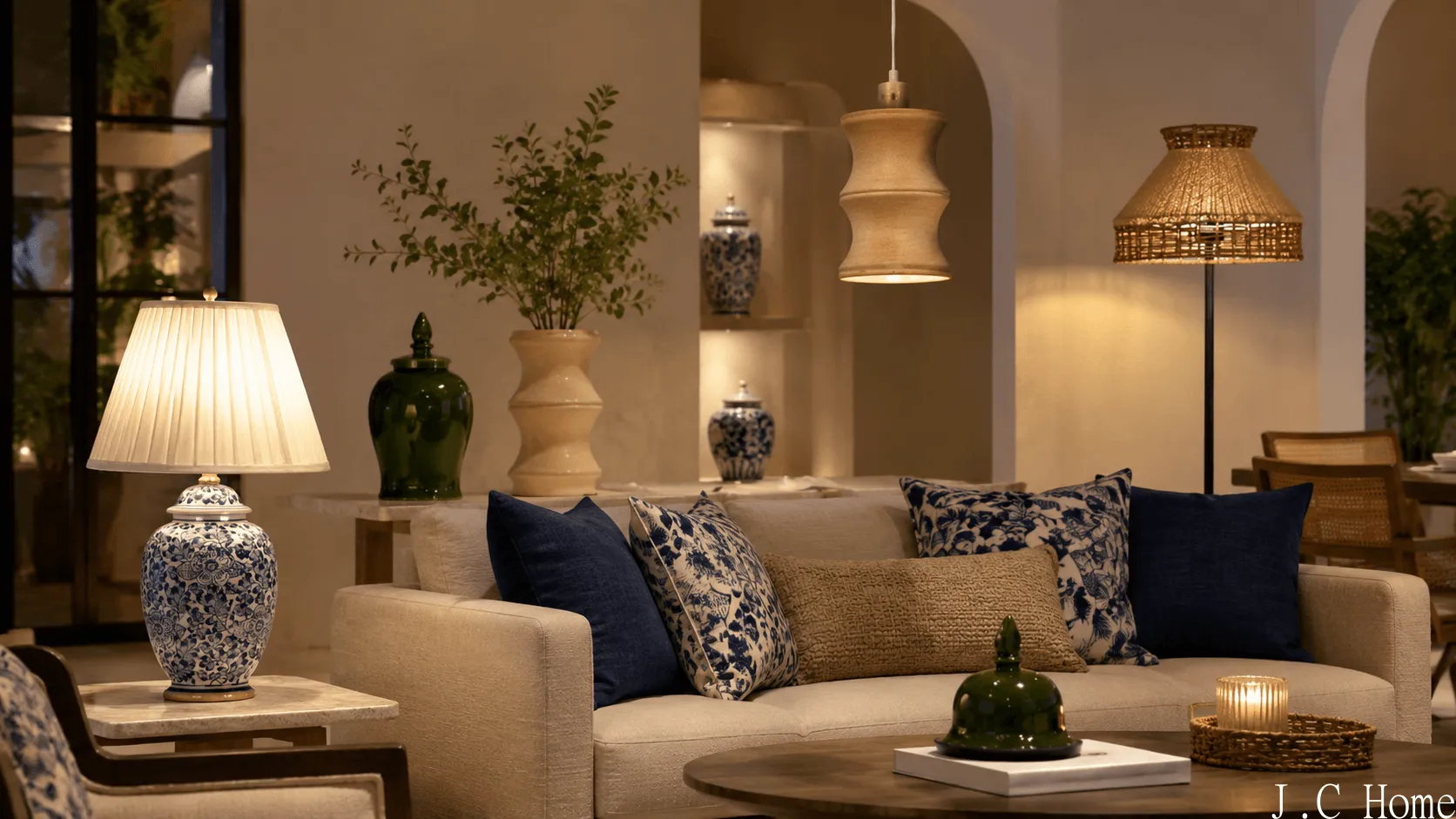 Decorative lighting and home decor scene with ceramic table lamp, pendant light, floor lamp, and vases