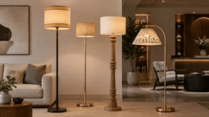 Wide modern interior showroom featuring multiple decorative floor lamps including metal, ceramic, and woven shade designs for commercial interiors