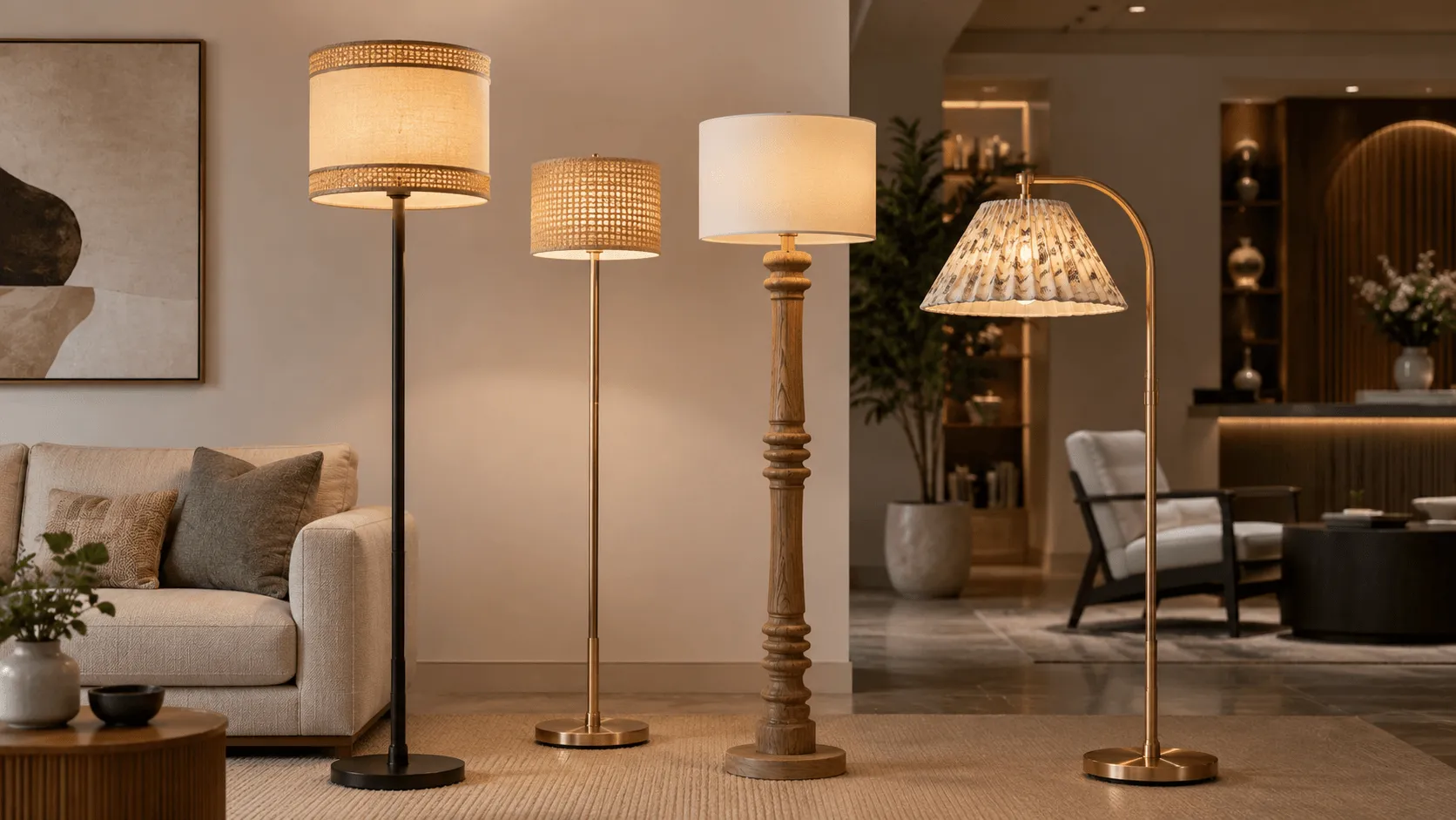 Wide modern interior showroom featuring multiple decorative floor lamps including metal, ceramic, and woven shade designs for commercial interiors