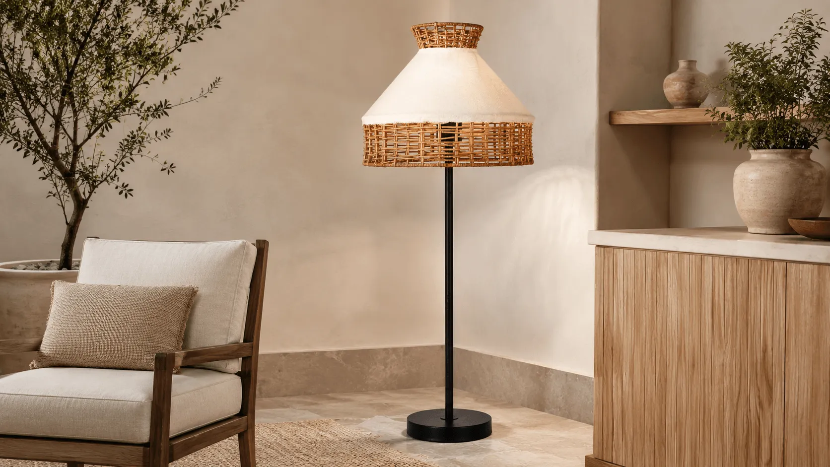 Floor lamp manufacturer guide showing JH60404 with a black slim stand, beige fabric shade, and woven trim in a warm neutral interior