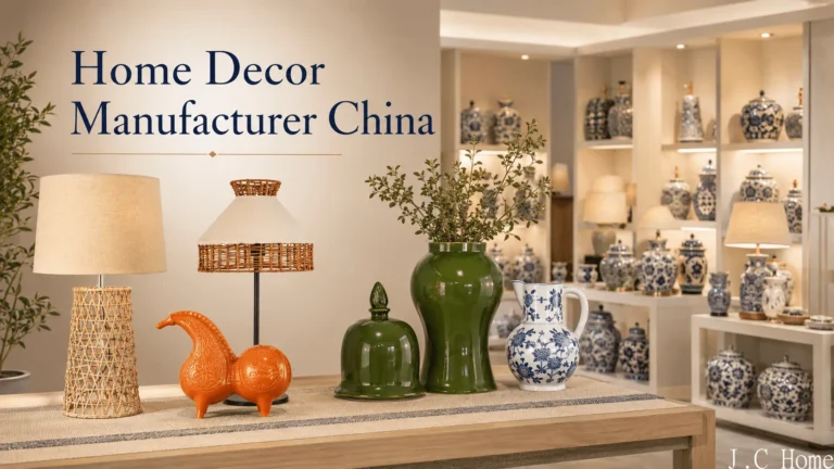 Home decor manufacturer China showroom with ceramic vases, decorative accessories and table lamps