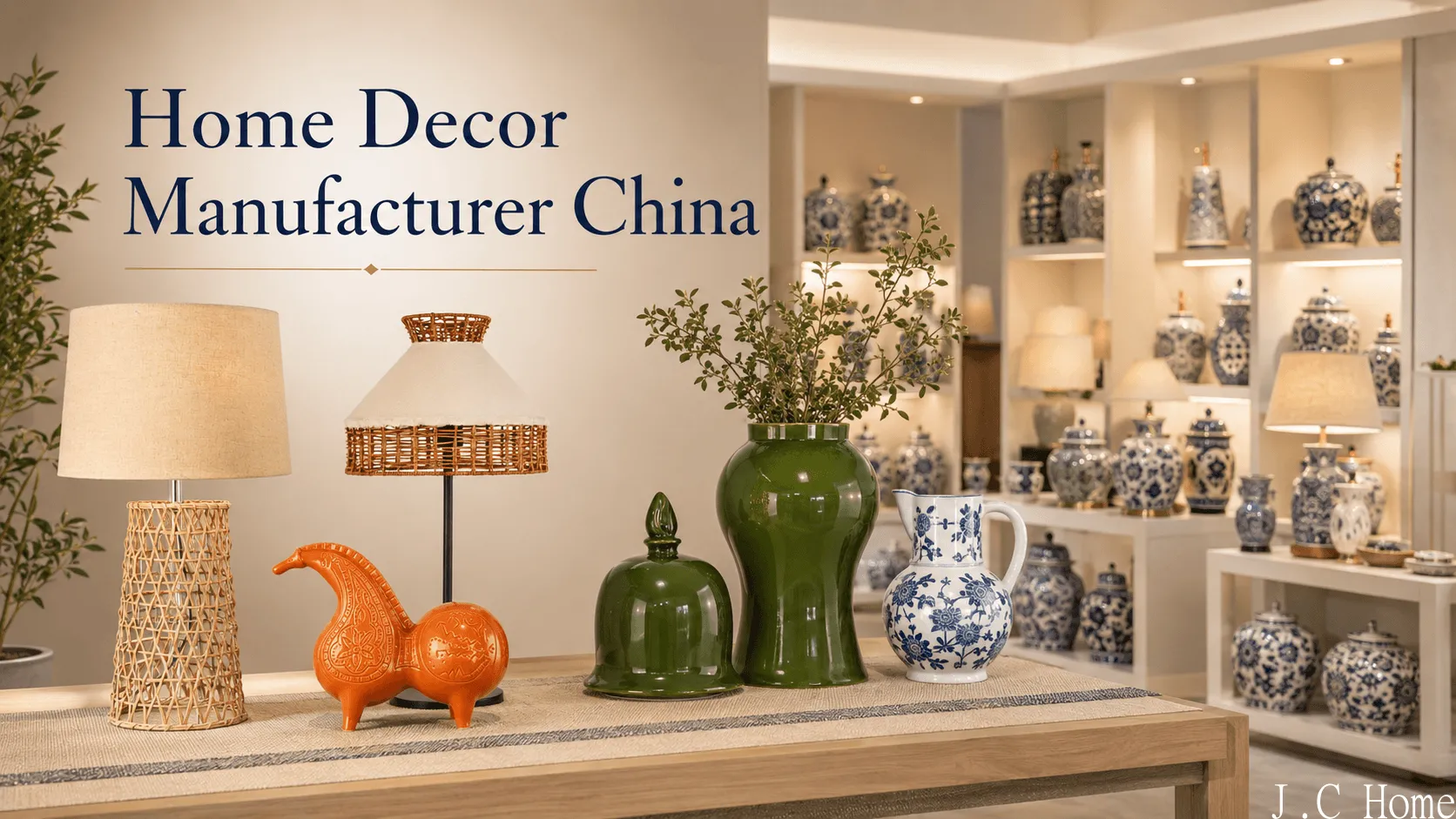 Home decor manufacturer China showroom with ceramic vases, decorative accessories and table lamps