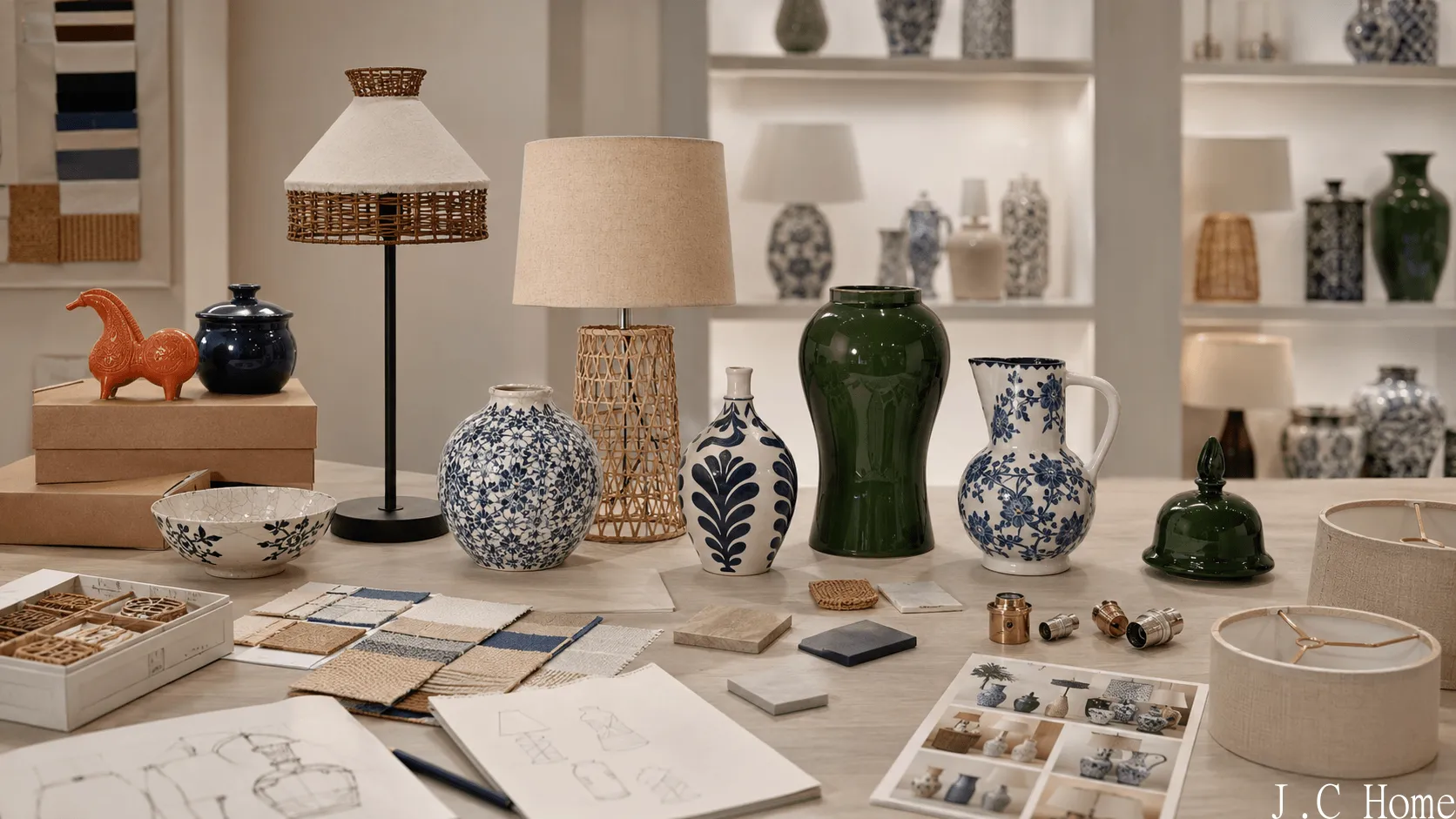 Home decor product development table with ceramic vases, lamp bases, material swatches and packaging samples