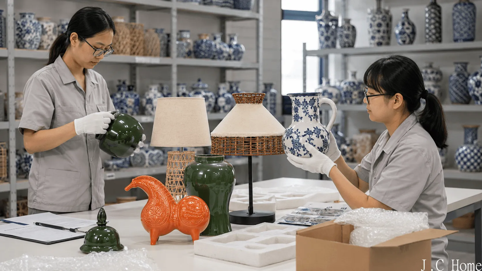 Home decor product development table with ceramic vases, lamp bases, material swatches and packaging samples