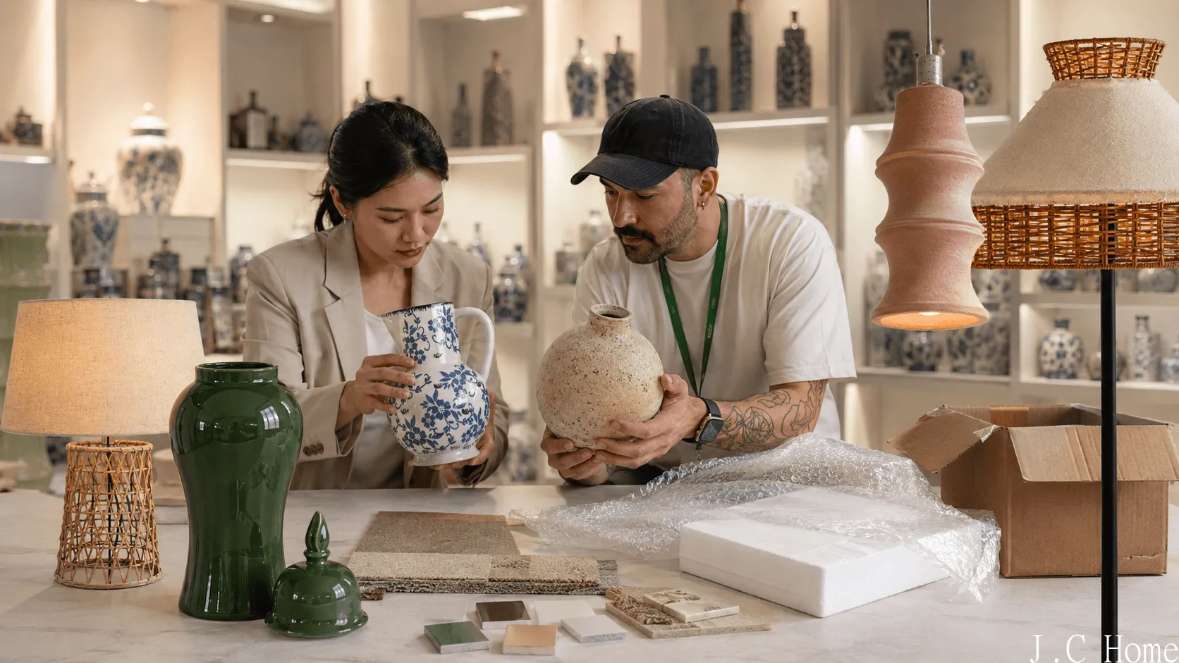 Home decor quality review with buyers checking ceramic decor items, lamps, packaging, and finish samples
