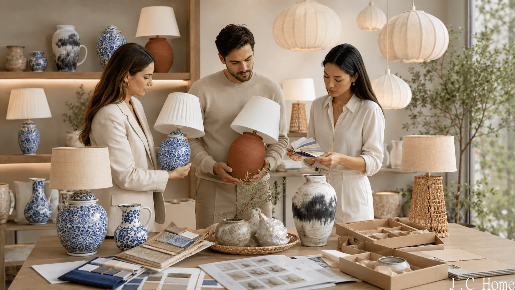 Home Decor Supplier for Retailers review scene with product specialists checking lamps, vases, color swatches, and packaging trays