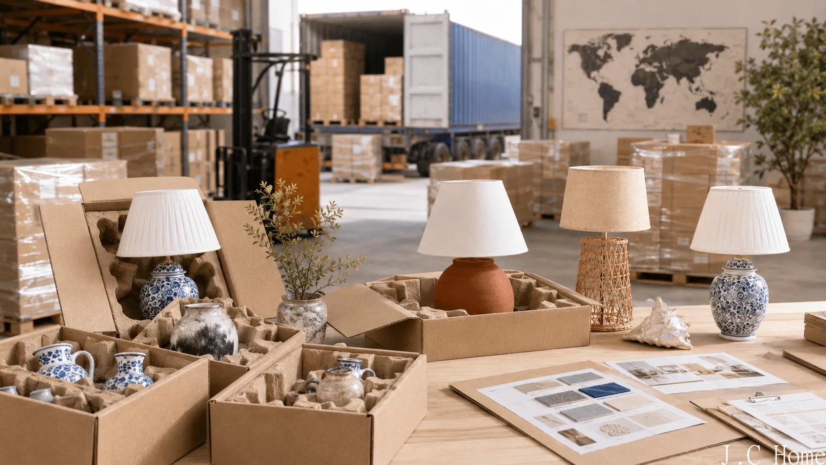 Home Decor Supplier for Retailers warehouse scene with packed ceramic lamps, vases, pots, cartons, pallets, and export samples