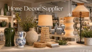 Home decor supplier for retailers with vases, lamps, and decorative accessories in a modern showroom