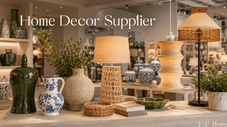 Home decor supplier for retailers with vases, lamps, and decorative accessories in a modern showroom