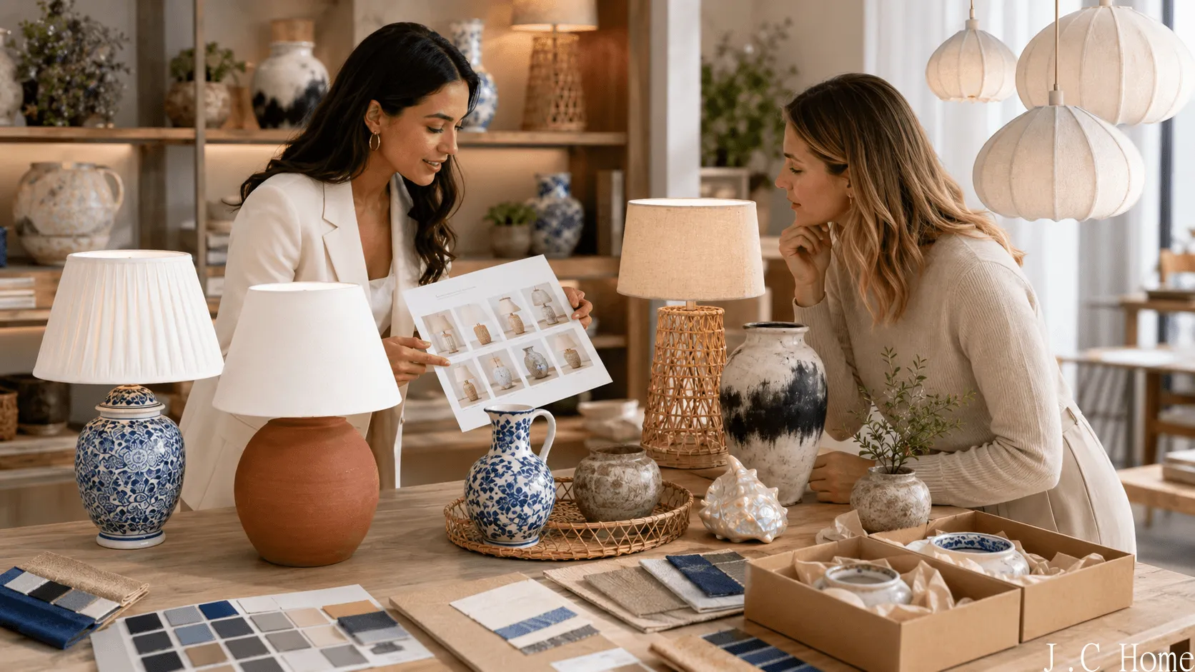 Home Decor Supplier for Retailers consultation with buyers reviewing ceramic lamps, vases, swatches, catalog sheets, and packaging