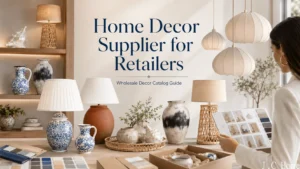 Home Decor Supplier for Retailers cover with lamps, vases, pots, pendant lights, catalog sheet, swatches, and packaging samples