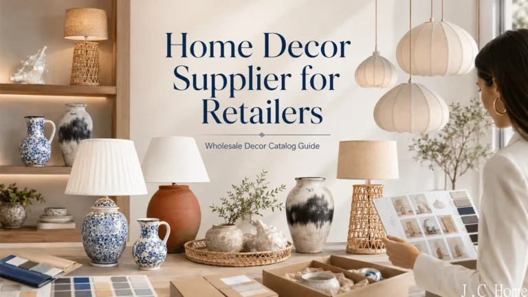 Home Decor Supplier for Retailers cover with lamps, vases, pots, pendant lights, catalog sheet, swatches, and packaging samples