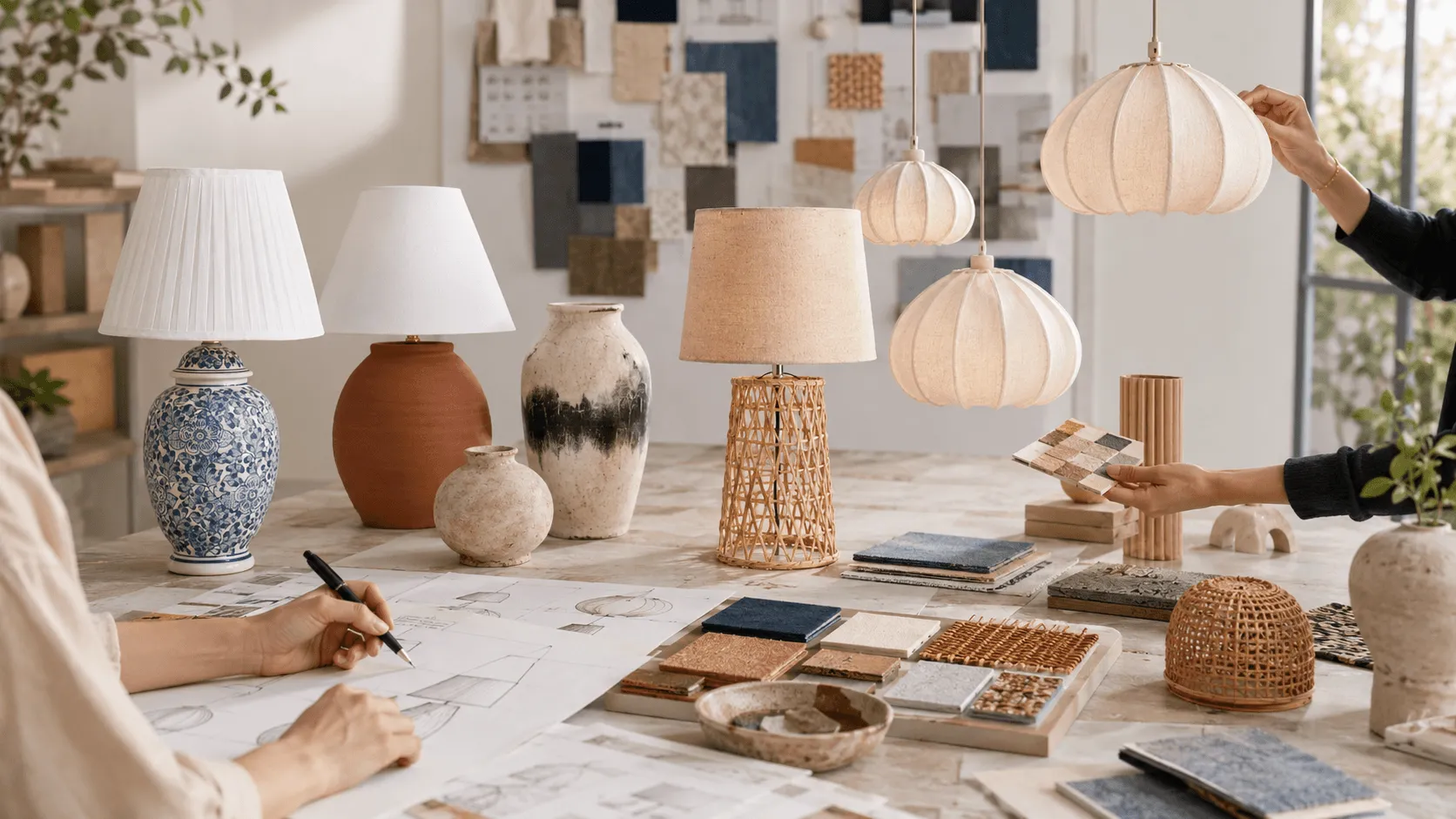 Home decor and lighting design studio with table lamps, pendant lights, vases, sketches, fabric swatches, and material samples