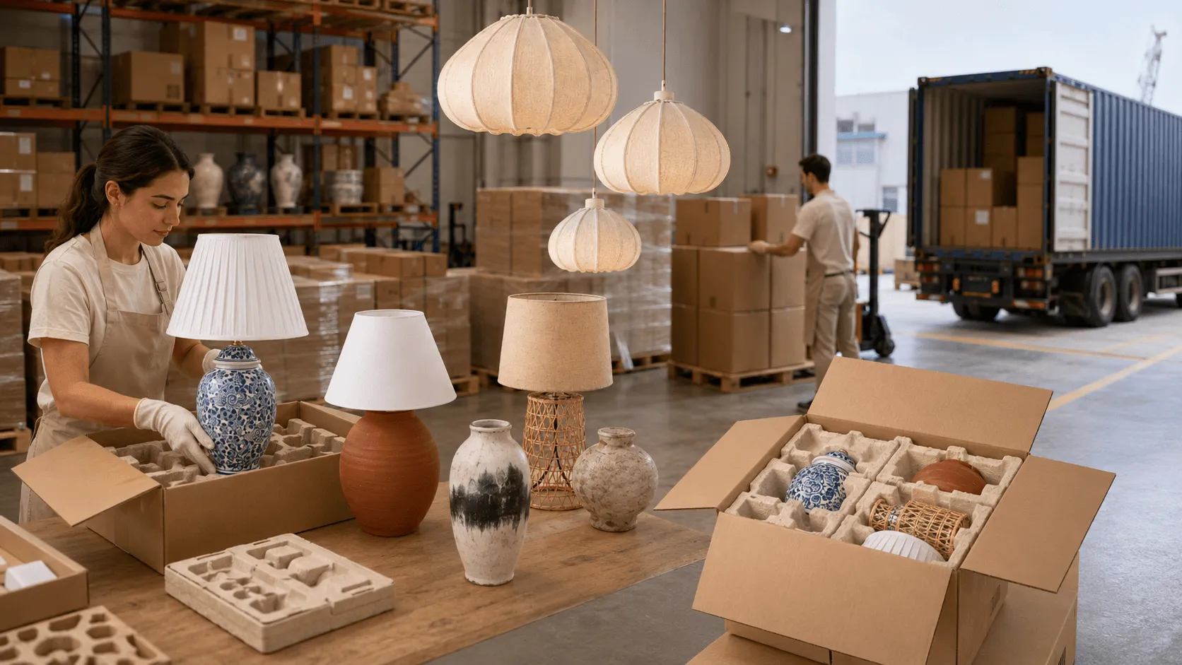 Home decor and lighting export packaging area with ceramic lamps, pendant lights, vases, protective inserts, cartons, and warehouse pallets