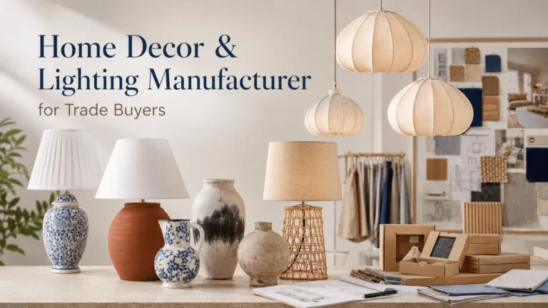 Home decor and lighting manufacturer for trade buyers with ceramic lamps, pendant lights, vases, swatches, and packaging samples