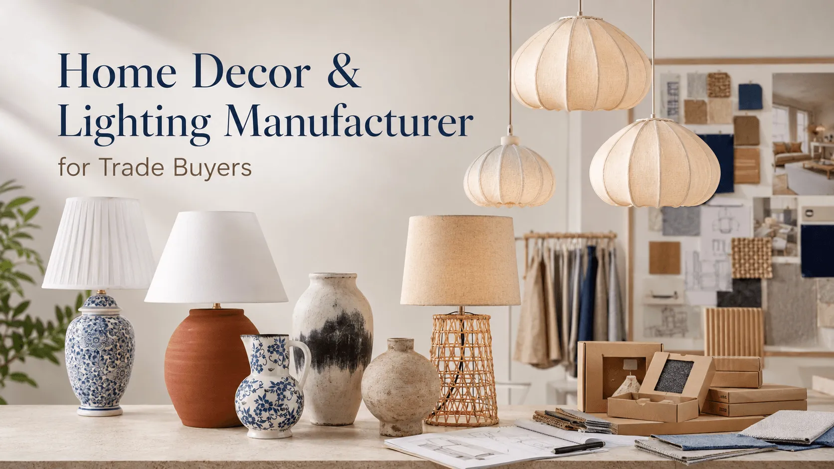 Home decor and lighting manufacturer for trade buyers with ceramic lamps, pendant lights, vases, swatches, and packaging samples