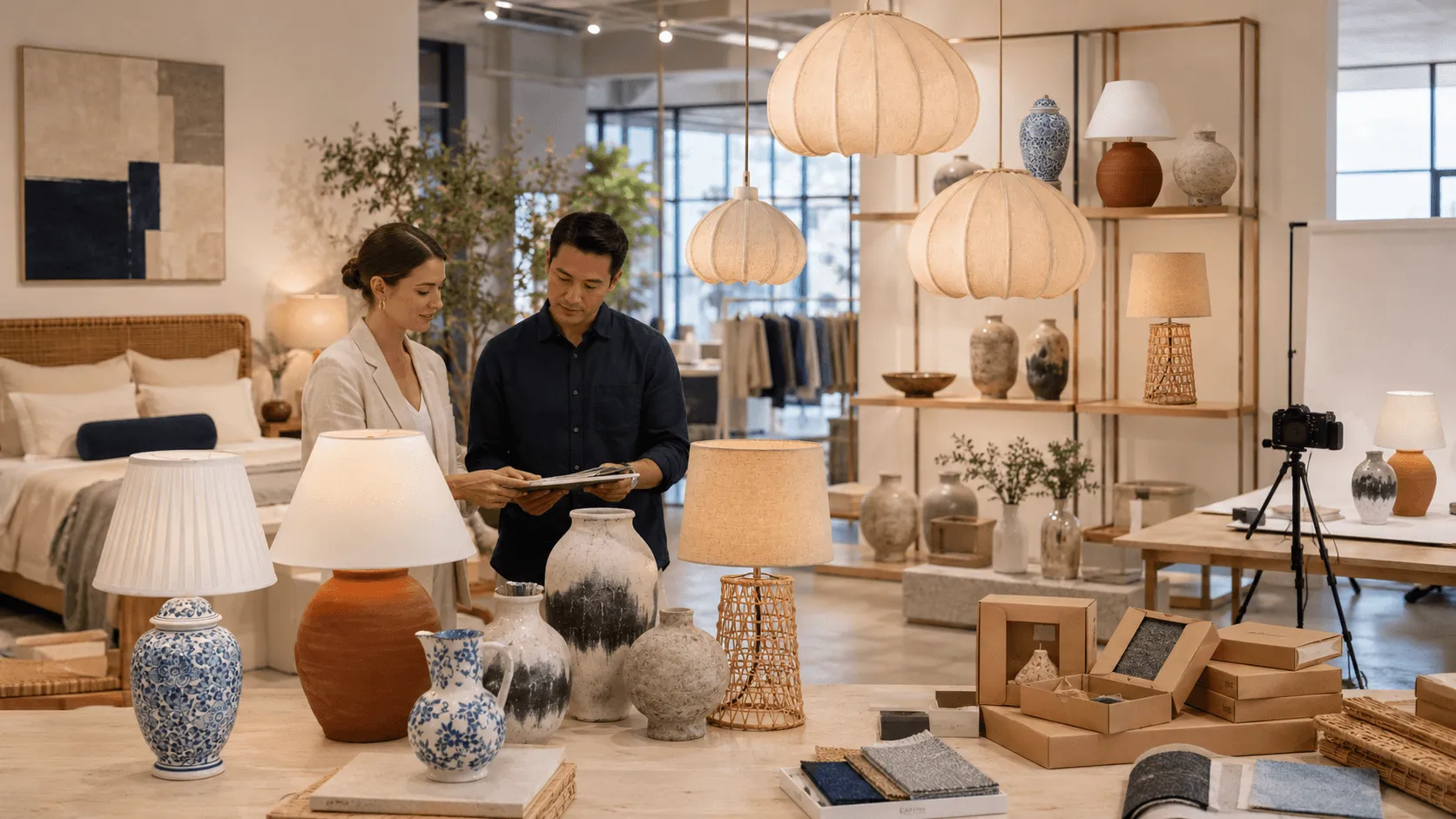 Home decor and lighting showroom with trade buyers reviewing ceramic lamps, pendant lights, vases, packaging, and display samples
